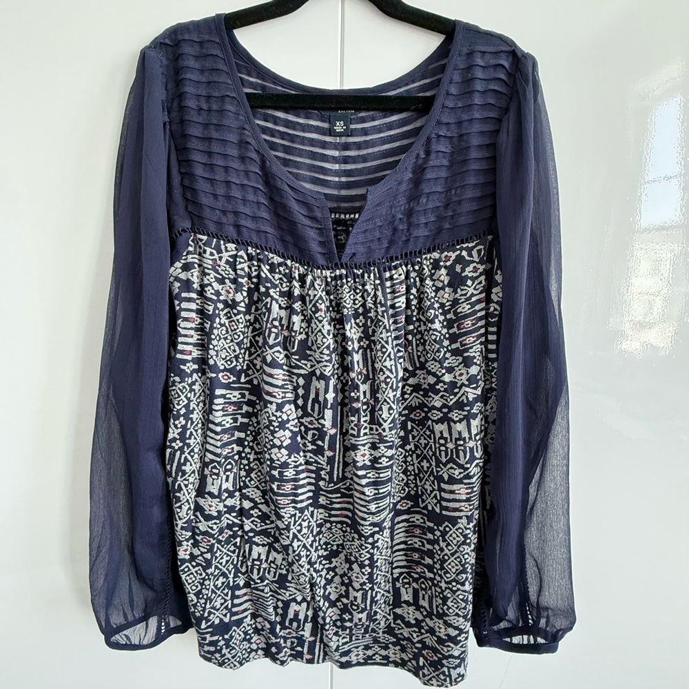 Lucky Brand Boho Semi Sheer Mixed Print Blouse Navy Blue Size XS EUC